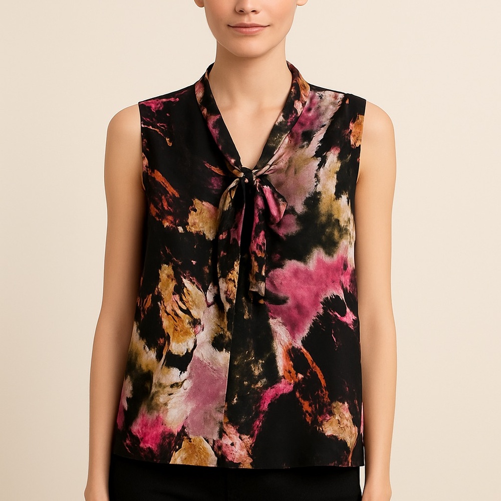 Apostrophe Bow Feminine Black Blouse with Pink and Red Accents Size: XL Petite
